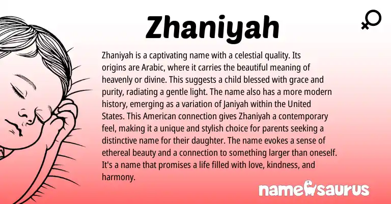 Infographic about Zhaniyah name meaning, Zhaniyah is a name from Arabic origin(s).