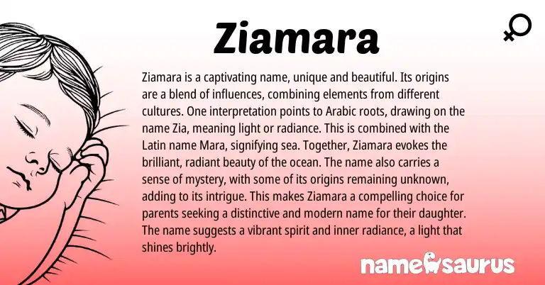Infographic about Ziamara name meaning, Ziamara is a name from Latin, Arabic origin(s).