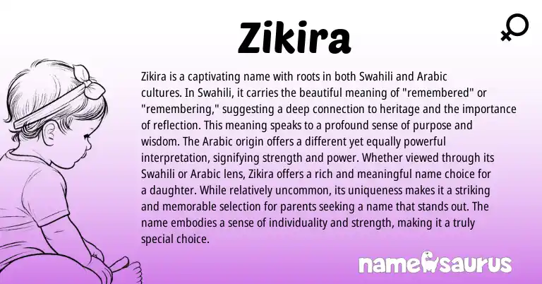 Infographic about Zikira name meaning, Zikira is a name from Swahili origin(s).