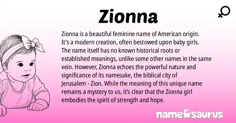 Infographic about Zionna name meaning, Zionna is a name from American origin(s).