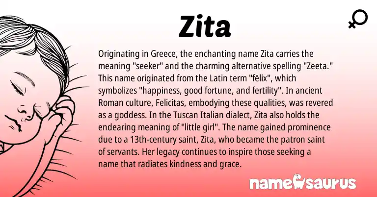 Infographic about Zita name meaning, Zita is a name from Roman, Greece, Latin, Italian origin(s).