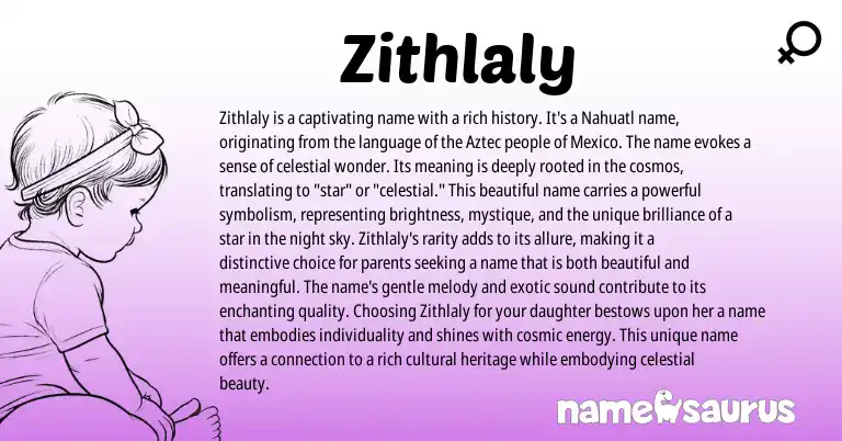 Infographic about Zithlaly name meaning, Zithlaly is a name from Nahuatl origin(s).