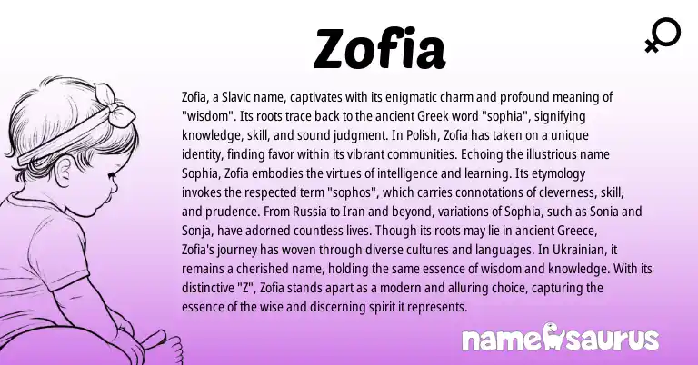 Infographic about Zofia name meaning, Zofia is a name from Ukrainian, Polish, Iran, Slavic, Greece, Greek origin(s).
