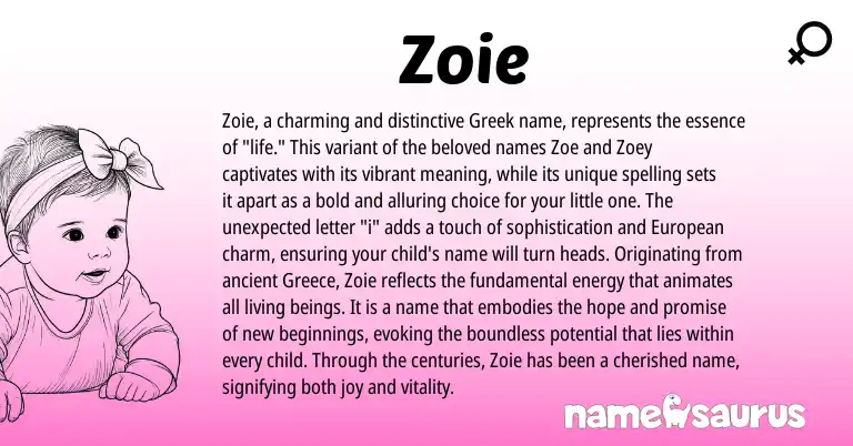 Infographic about Zoie name meaning, Zoie is a name from Greece, European, Greek origin(s).
