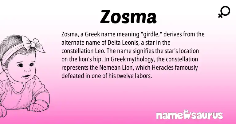 Infographic about Zosma name meaning, Zosma is a name from Greek origin(s).