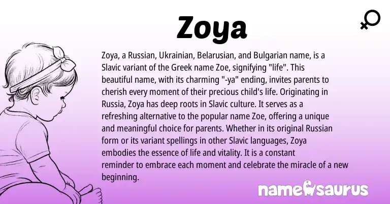 Infographic about Zoya name meaning, Zoya is a name from Ukrainian, Bulgarian, Slavic, Russian, Greek, Belarusian origin(s).