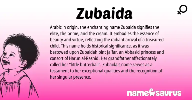 Infographic about Zubaida name meaning, Zubaida is a name from Arabic origin(s).