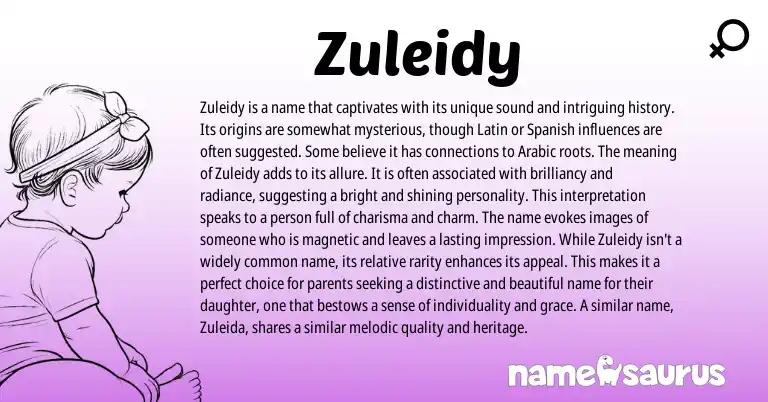 Infographic about Zuleidy name meaning, Zuleidy is a name from Arabic origin(s).