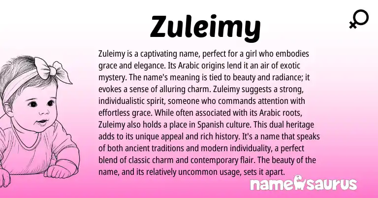 Infographic about Zuleimy name meaning, Zuleimy is a name from Arabic origin(s).