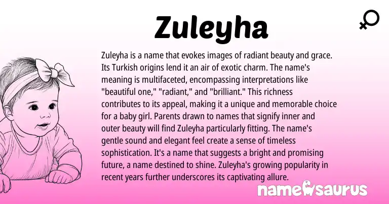 Infographic about Zuleyha name meaning, Zuleyha is a name from Turkish origin(s).