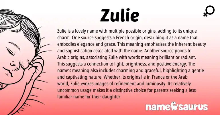 Infographic about Zulie name meaning, Zulie is a name from French origin(s).