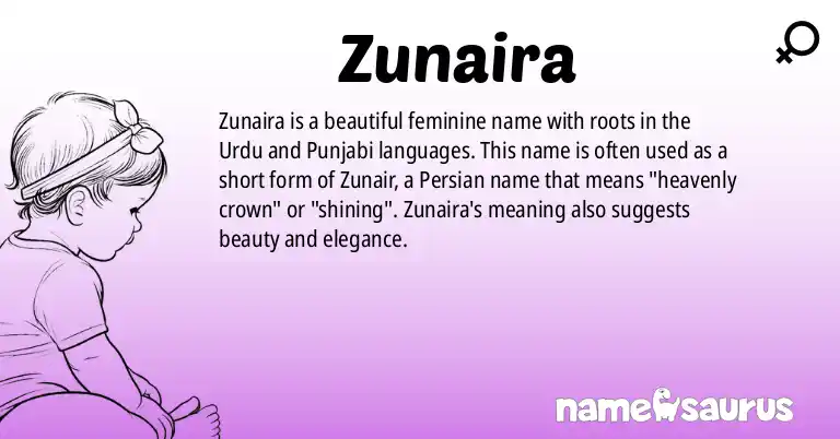 Infographic about Zunaira name meaning, Zunaira is a name from Urdu, Punjabi origin(s).