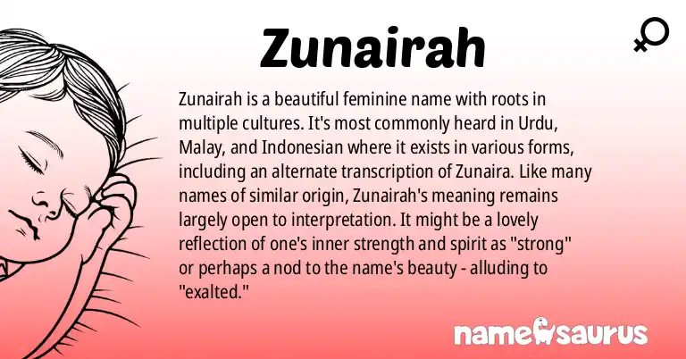 Infographic about Zunairah name meaning, Zunairah is a name from Urdu, Malay, Indonesian origin(s).