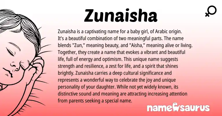 Infographic about Zunaisha name meaning, Zunaisha is a name from Arabic origin(s).