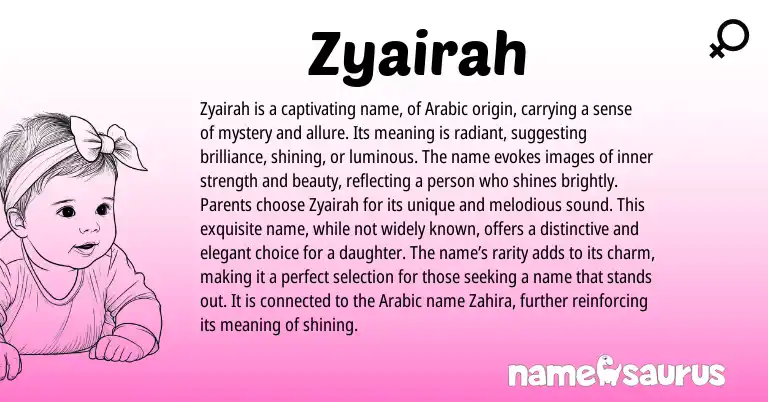 Infographic about Zyairah name meaning, Zyairah is a name from Arabic origin(s).