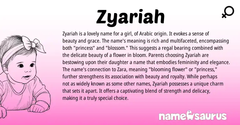 Infographic about Zyariah name meaning, Zyariah is a name from Arabic origin(s).