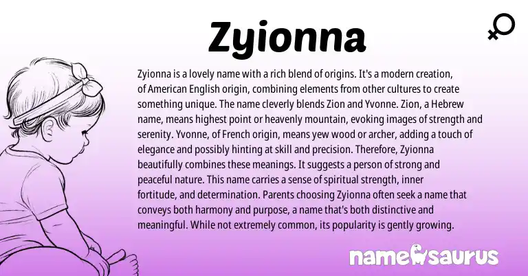 Infographic about Zyionna name meaning, Zyionna is a name from French, Hebrew origin(s).