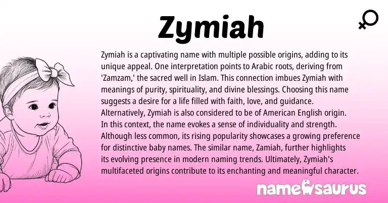 Infographic about Zymiah name meaning, Zymiah is a name from Arabic origin(s).