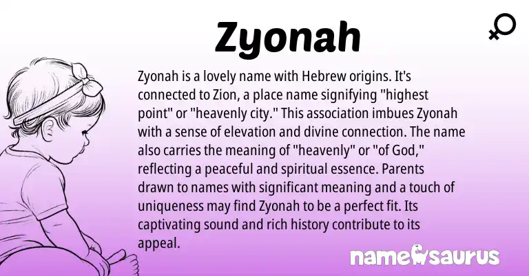 Infographic about Zyonah name meaning, Zyonah is a name from Hebrew origin(s).