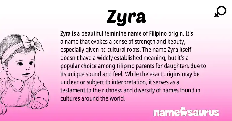 Infographic about Zyra name meaning, Zyra is a name from Filipino origin(s).