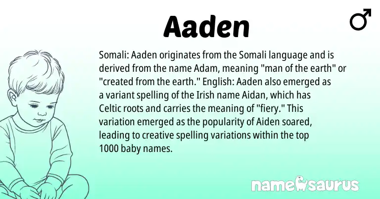 Infographic about Aaden name meaning, Aaden is a name from Irish, English, Somali, Celtic origin(s).