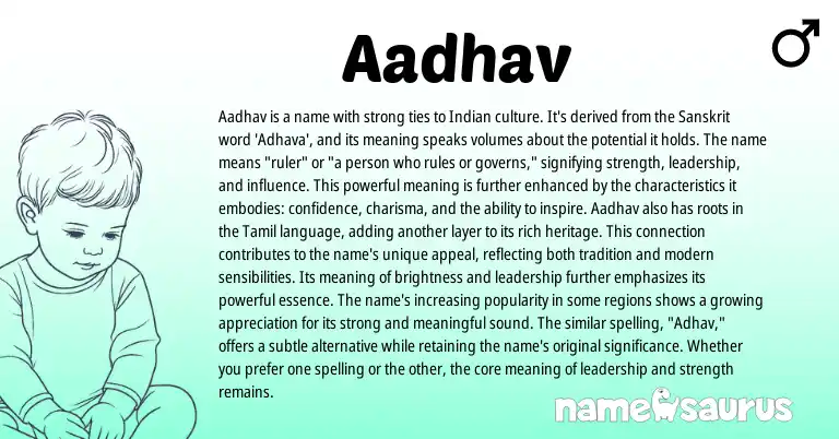 Infographic about Aadhav name meaning, Aadhav is a name from Indian, Sanskrit origin(s).
