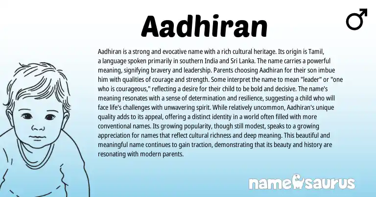 Infographic about Aadhiran name meaning, Aadhiran is a name from Tamil origin(s).