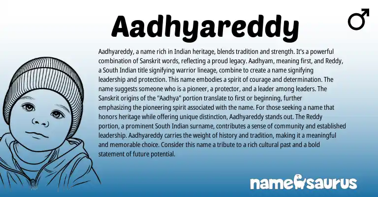 Infographic about Aadhyareddy name meaning, Aadhyareddy is a name from Indian, Sanskrit origin(s).