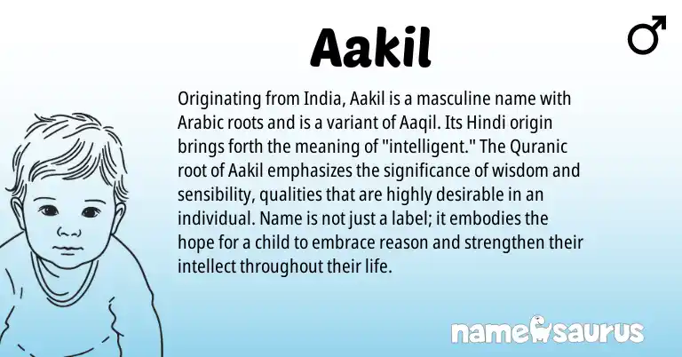 Infographic about Aakil name meaning, Aakil is a name from Hindi, Arabic, Quranic origin(s).