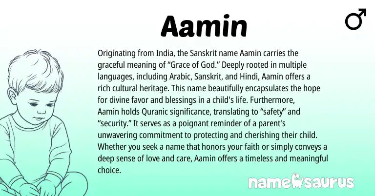 Infographic about Aamin name meaning, Aamin is a name from Hindi, Sanskrit, Arabic, Quranic origin(s).