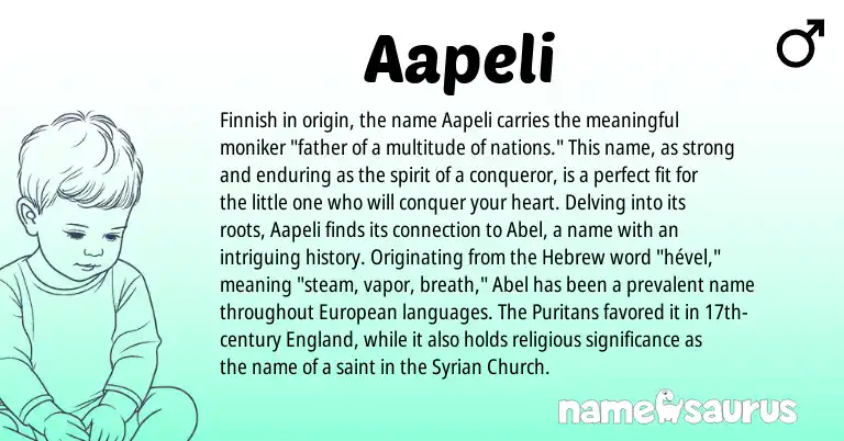 Infographic about Aapeli name meaning, Aapeli is a name from Finnish, European, England, Syrian, Hebrew origin(s).