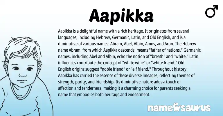 Infographic about Aapikka name meaning, Aapikka is a name from Old English, Germanic, Latin, Hebrew origin(s).