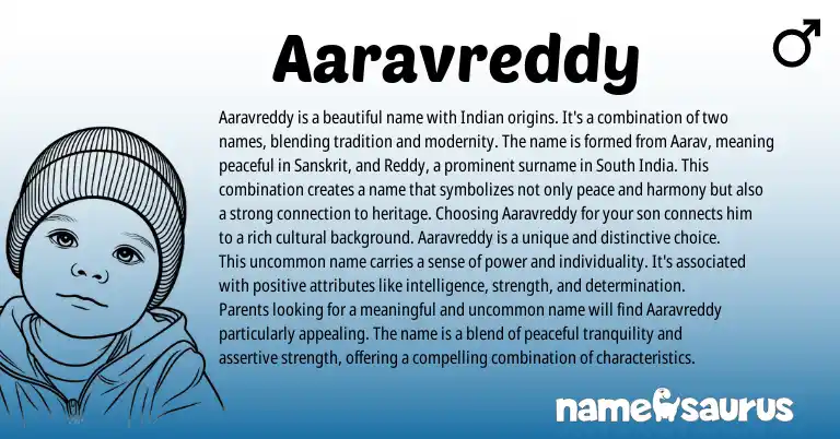 Infographic about Aaravreddy name meaning, Aaravreddy is a name from Indian, Sanskrit origin(s).