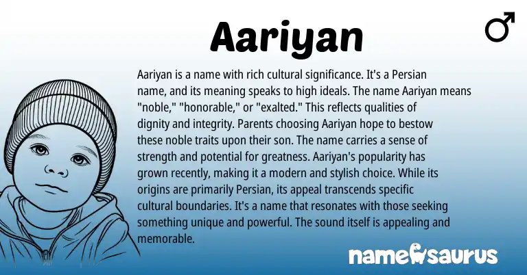 Infographic about Aariyan name meaning, Aariyan is a name from Persian origin(s).