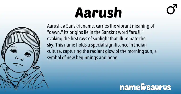 Infographic about Aarush name meaning, Aarush is a name from Sanskrit, Indian origin(s).