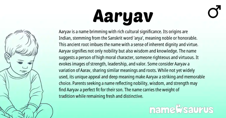 Infographic about Aaryav name meaning, Aaryav is a name from Indian, Sanskrit origin(s).