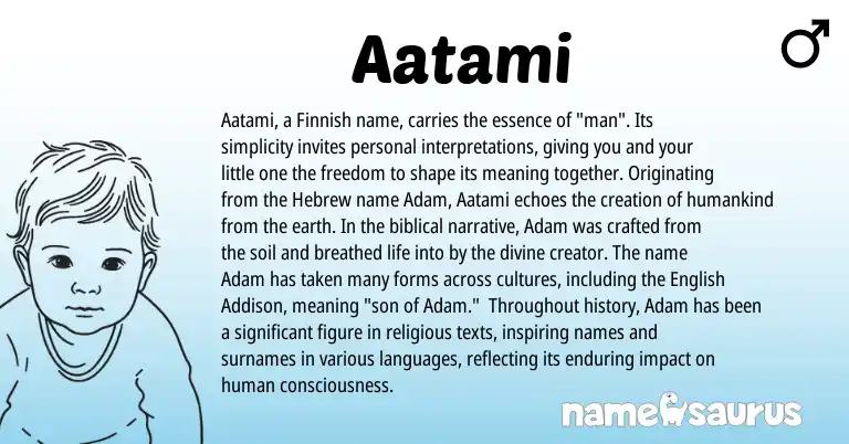 Infographic about Aatami name meaning, Aatami is a name from English, Finnish, Hebrew origin(s).