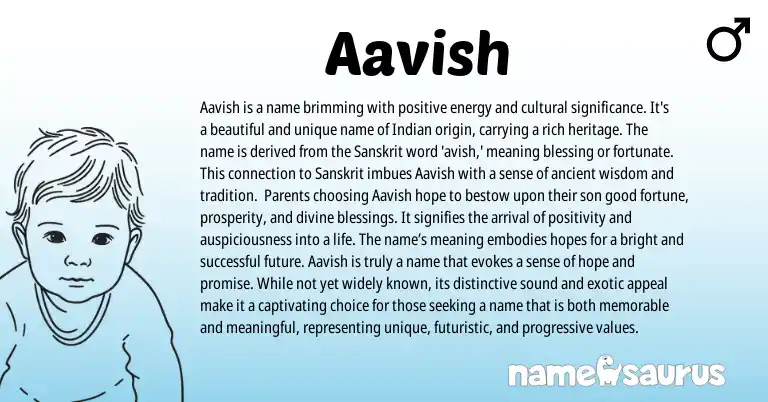 Infographic about Aavish name meaning, Aavish is a name from Indian, Sanskrit origin(s).