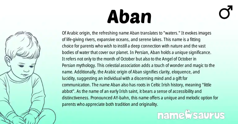 Infographic about Aban name meaning, Aban is a name from Irish, Persian, Arabic, Celtic origin(s).