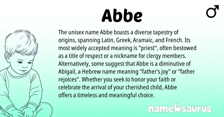 Infographic about Abbe name meaning, Abbe is a name from Aramaic, French, Latin, Greek, Hebrew origin(s).