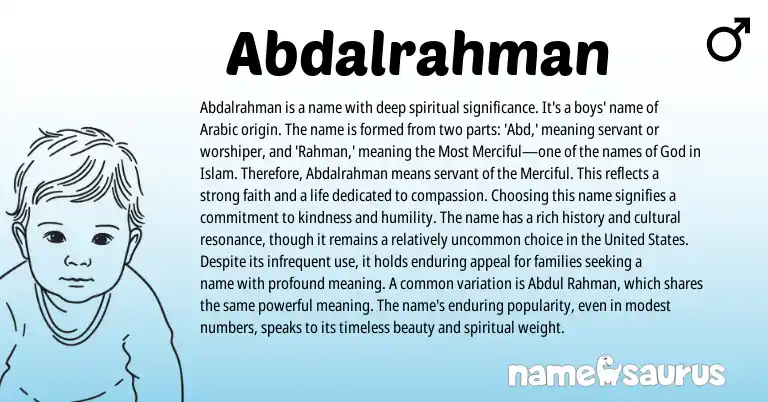 Infographic about Abdalrahman name meaning, Abdalrahman is a name from Arabic origin(s).