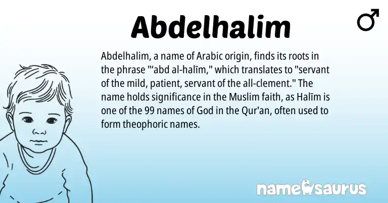 Infographic about Abdelhalim name meaning, Abdelhalim is a name from Arabic, Muslim origin(s).