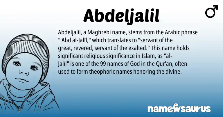 Infographic about Abdeljalil name meaning, Abdeljalil is a name from Arabic origin(s).