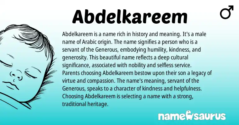Infographic about Abdelkareem name meaning, Abdelkareem is a name from Arabic origin(s).