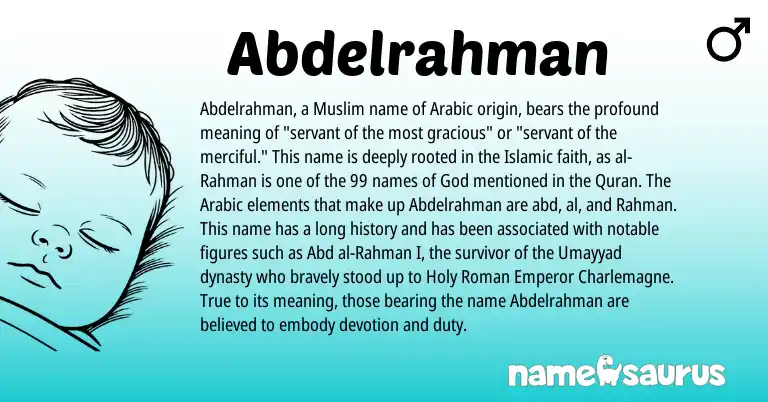 Infographic about Abdelrahman name meaning, Abdelrahman is a name from Roman, Arabic, Muslim origin(s).