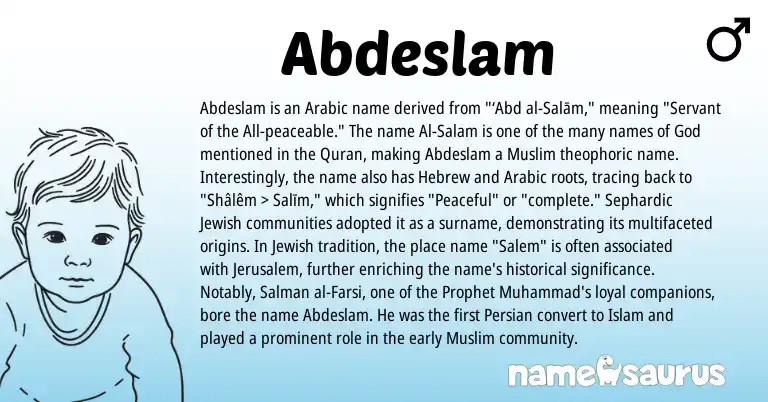Infographic about Abdeslam name meaning, Abdeslam is a name from Muslim, Arabic, Persian, Jewish, Farsi, Hebrew origin(s).