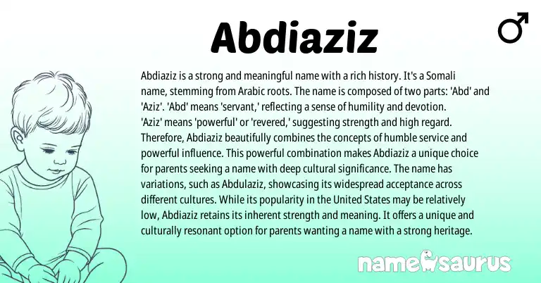 Infographic about Abdiaziz name meaning, Abdiaziz is a name from Somali, Arabic origin(s).