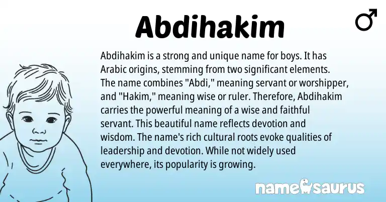 Infographic about Abdihakim name meaning, Abdihakim is a name from Arabic origin(s).