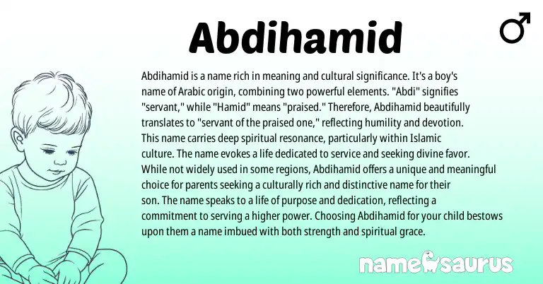 Infographic about Abdihamid name meaning, Abdihamid is a name from Arabic origin(s).