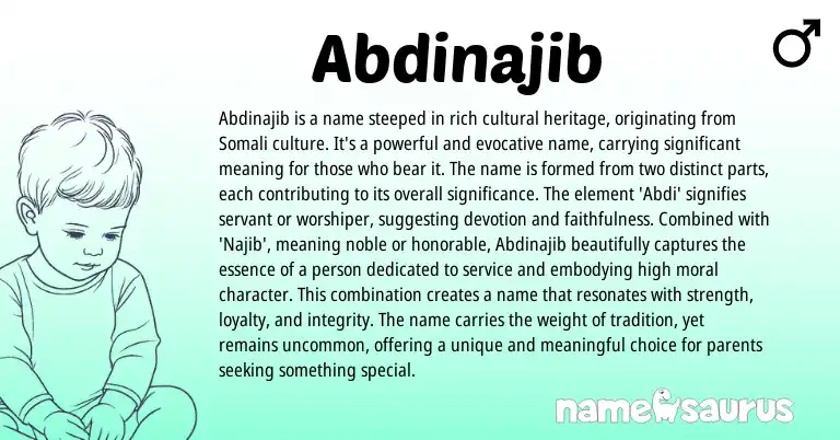 Infographic about Abdinajib name meaning, Abdinajib is a name from Somali, Arabic origin(s).